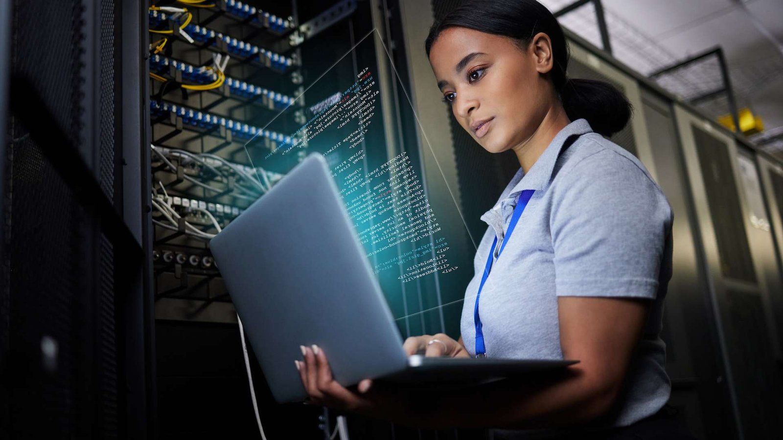 laptop-network-and-data-center-with-a-black-woman